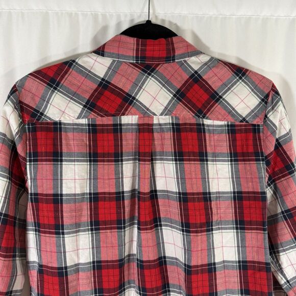 Talbots Blouse Women's Medium Red White Metallic Plaid Button Up Long Sleeve - Picture 8 of 9